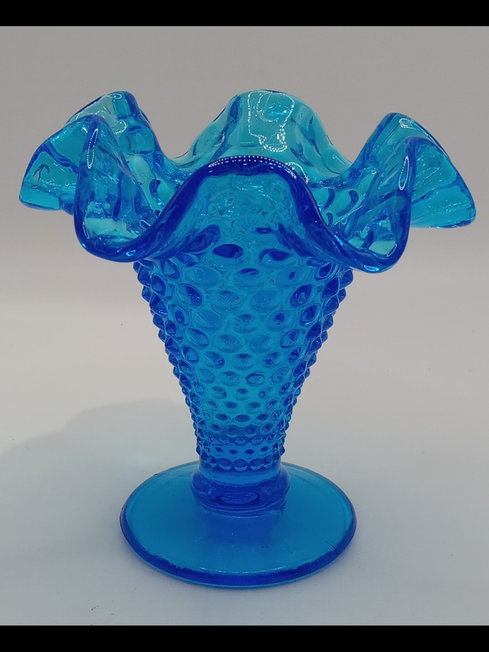Blue Glass Hobnail Vase With Ruffled Rim
